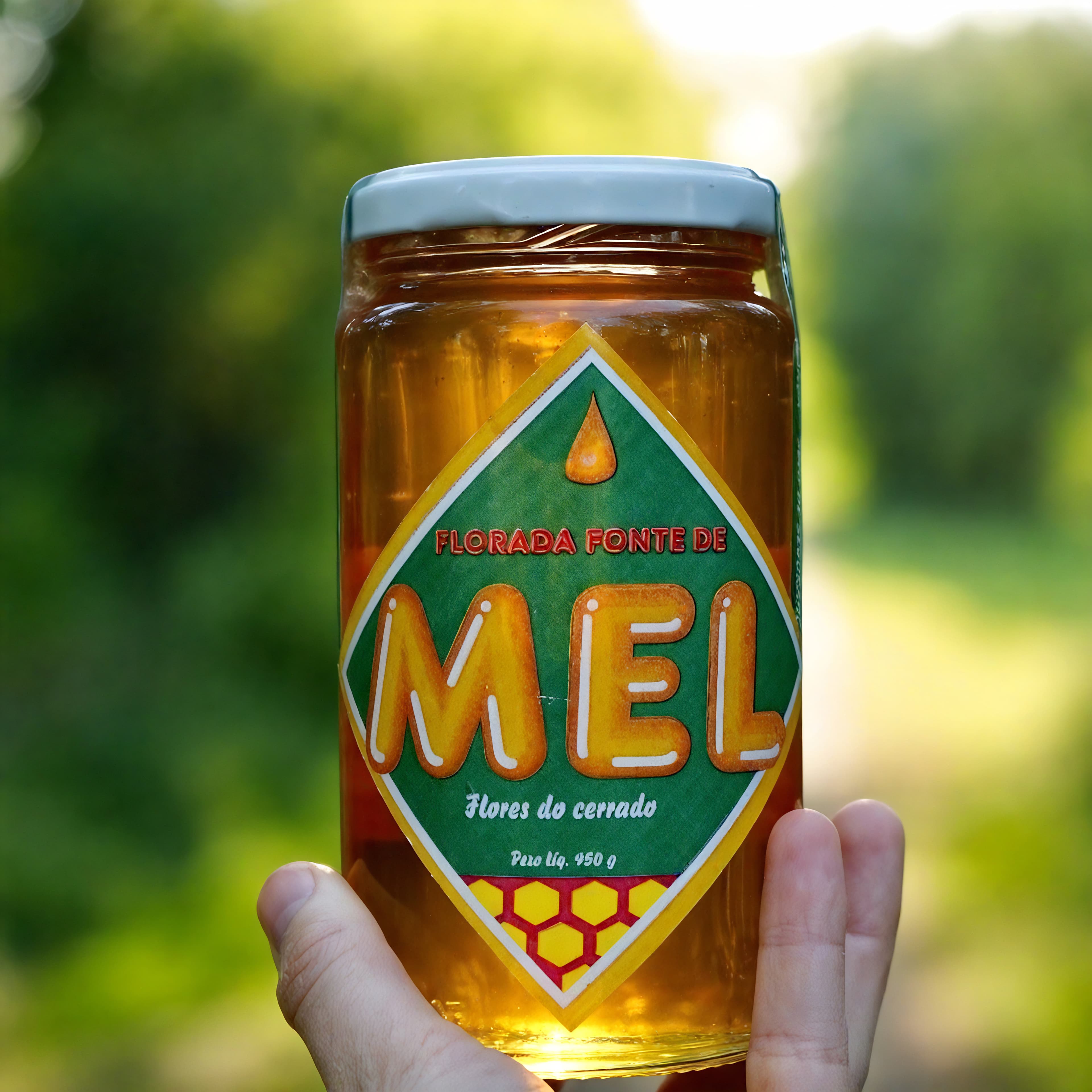 Pote de mel puro na mão contra o cerrado